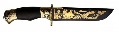 Нож дамаск  сув."Вавилон" (ножны из кожи) позолота