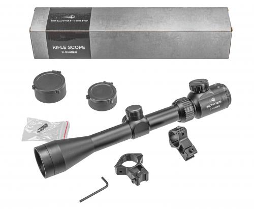 Прицел оптический BORNER 3-9x40 EG Mildot с подсветкой (крышки + кольца)