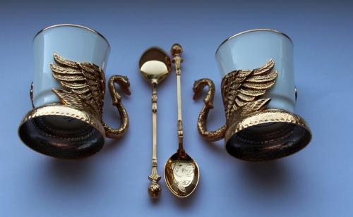 Набор кофейный Лебеди с ложками (фарфор,латунь литьё,никель,позолота)