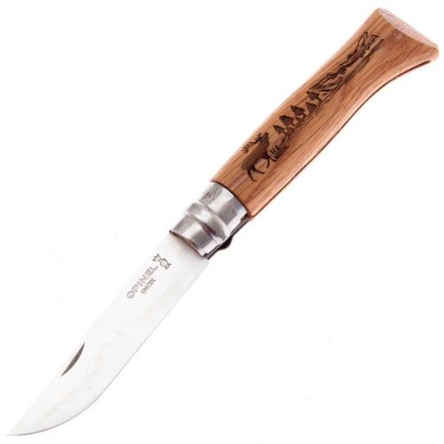 Нож Opinel №8, нержавеющая сталь, рукоять дуб, гравировка олень Нож Opinel №8, нержавеющая сталь, рукоять дуб, гравировка олень