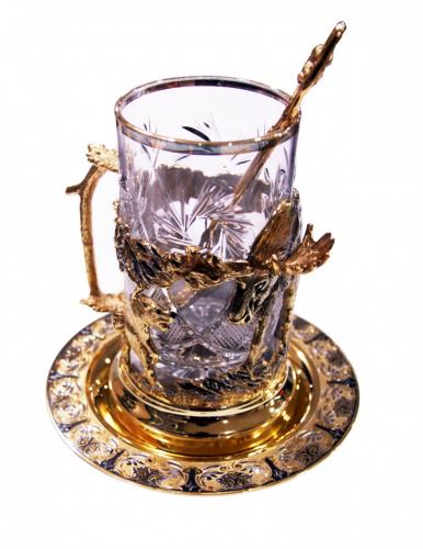 Набор чайный литьё ( Лось ) ложка ,тарелка,хрусталь.