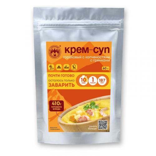 Суп гороховый с копченостями, крем-пюре с гренками 60 г