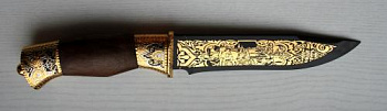Нож сув дамаск Урал ножны из кожи (позолота)