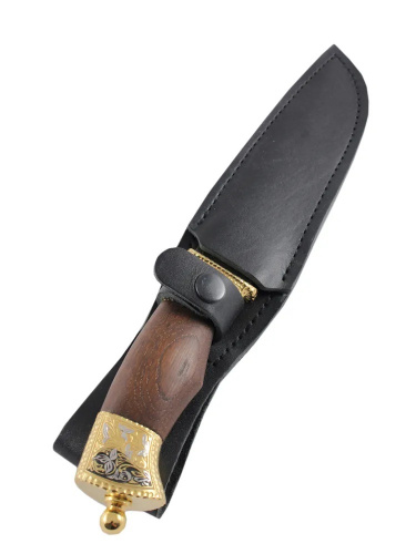Нож дамасский разделочный позолоченный"Охотник" (ножны из кожи)