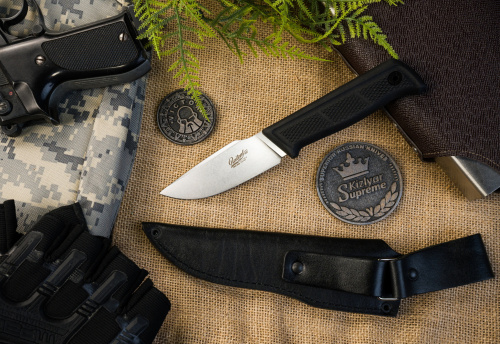Нож BAIKAL M AUS-8 (Cryo) SW BKH LS (StoneWash, Black Kraton Handle, Leather Sheath)