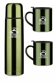 Набор: термос 1000 мл + 2 кружки 300мл. болотный