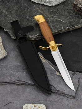 Нож позолоченный"Финка НКВД" (ножны из кожи)сталь 40х10с2м