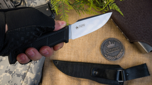 Нож BAIKAL M AUS-8 (Cryo) SW BKH LS (StoneWash, Black Kraton Handle, Leather Sheath)