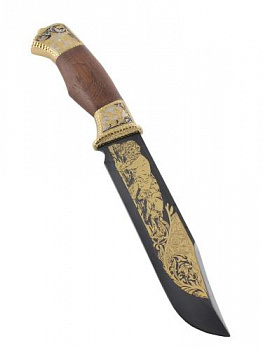 Нож дамасский разделочный позолоченный "Тайга" (ножны из кожи)