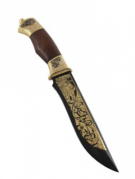 Нож дамасский разделочный позолоченный"Охотник" (ножны из кожи)