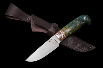 Нож Сокол ,сталь S390.мельхиор,зуб мамонта, рукоять стабилизированная карельская