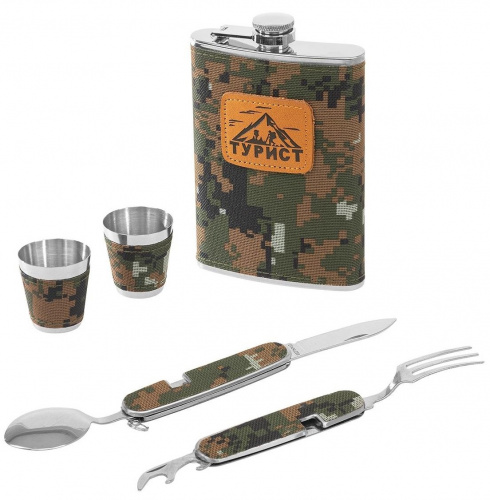 Набор (фляжка 270мл + 2 стопки + складные вилка + ложка) (HS-2023-TZ-6) Helios