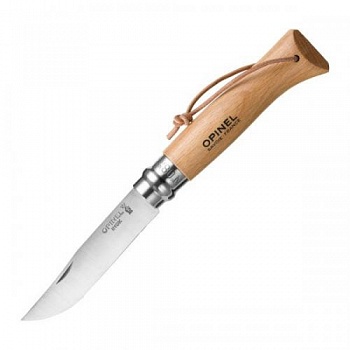 Нож Opinel №8, нержавеющая сталь, бук, с кожаным темляком Нож Opinel №8, нержавеющая сталь, бук, с кожаным темляком
