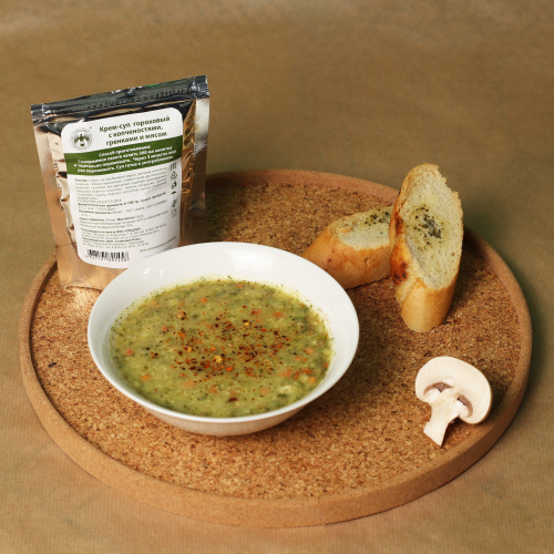 Суп гороховый с копченостями, крем-пюре с гренками 60 г