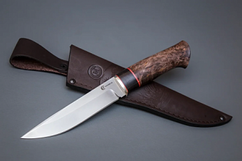 Нож Тигр,сталь S390.мельхиор,зуб мамонта, рукоять стабилизированная карельская б