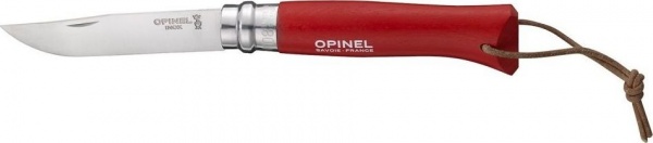 Нож Opinel №8 Trekking, нержавеющая сталь, кожаный темляк, красный