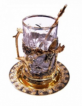 Набор чайный литьё ( Лось ) ложка ,тарелка,хрусталь.