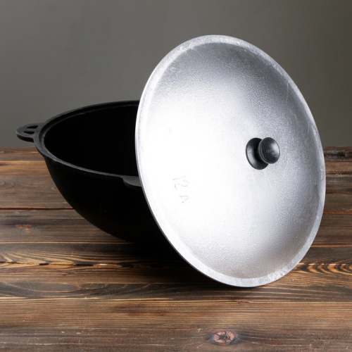 Узбекский чугунный казан 12 л. круглое дно, с крышкой